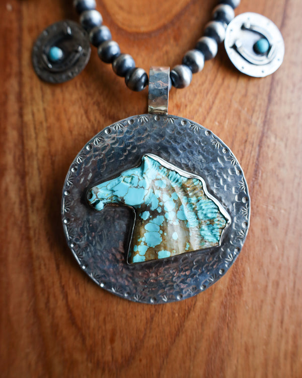 
Richard Schmidt Kingman Turquoise Horse Head And Shoes Necklace
