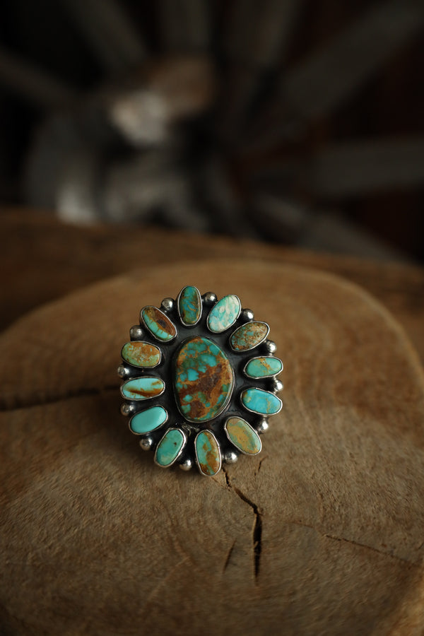 Turquoise Ovals Flower Cluster Ring- Size Adjustable 