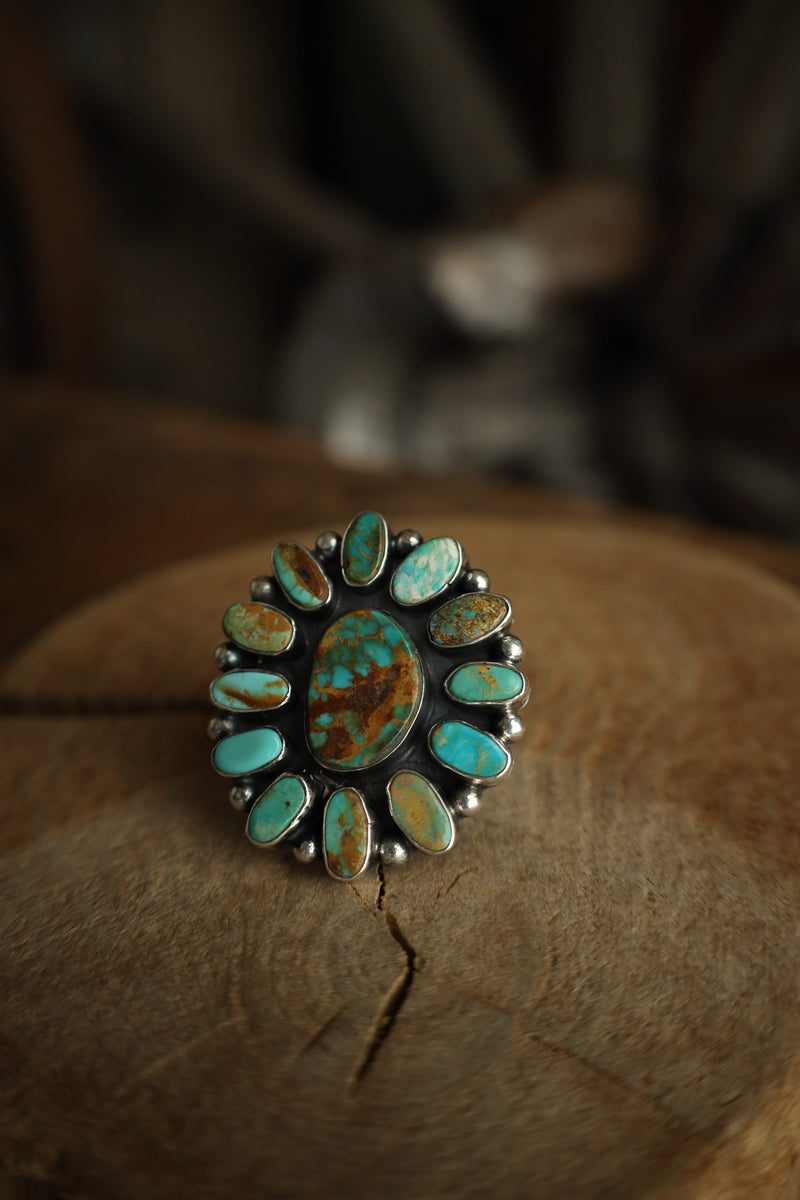Turquoise Ovals Flower Cluster Ring- Size Adjustable 
