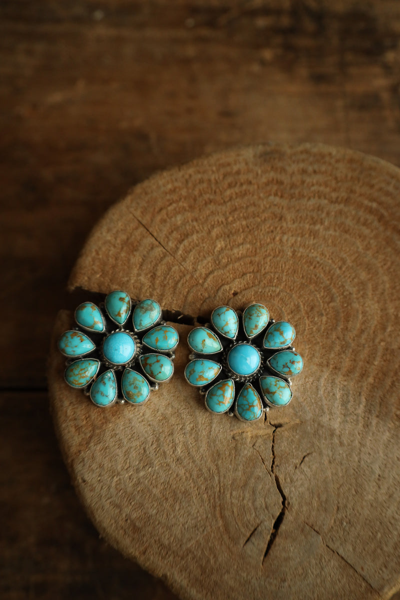 Blue and Brown Turquoise Teardrops Flower Post Earring 