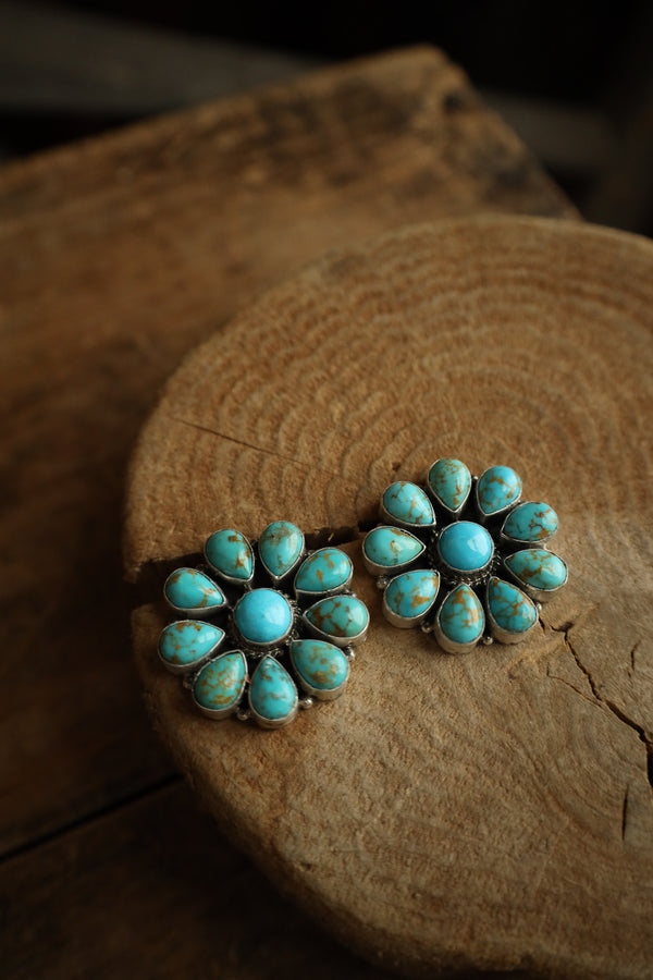 Blue and Brown Turquoise Teardrops Flower Post Earring 