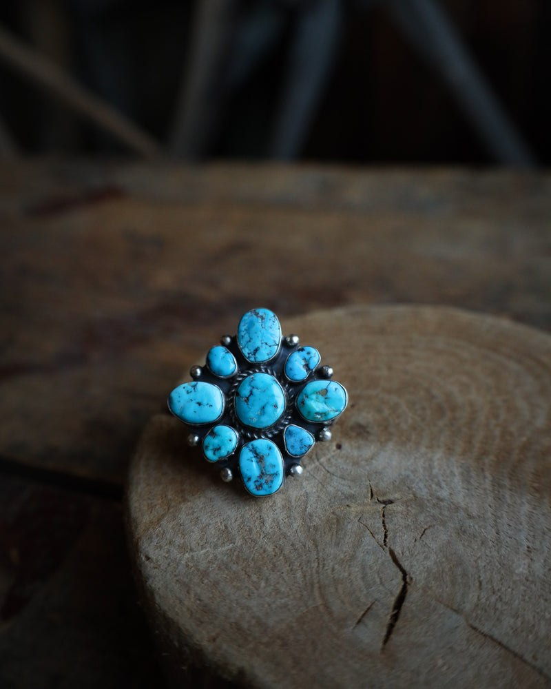 Kingman Turquoise Square Cluster Ring- Adjustable 