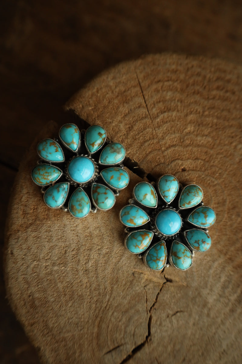 Blue and Brown Turquoise Teardrops Flower Post Earring 