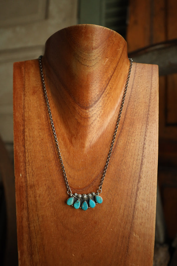 5 Blue Turquoise Teardrops Starbursts Necklace 