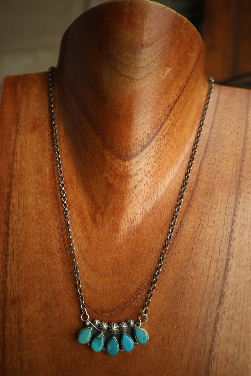 5 Blue Turquoise Teardrops Starbursts Necklace 
