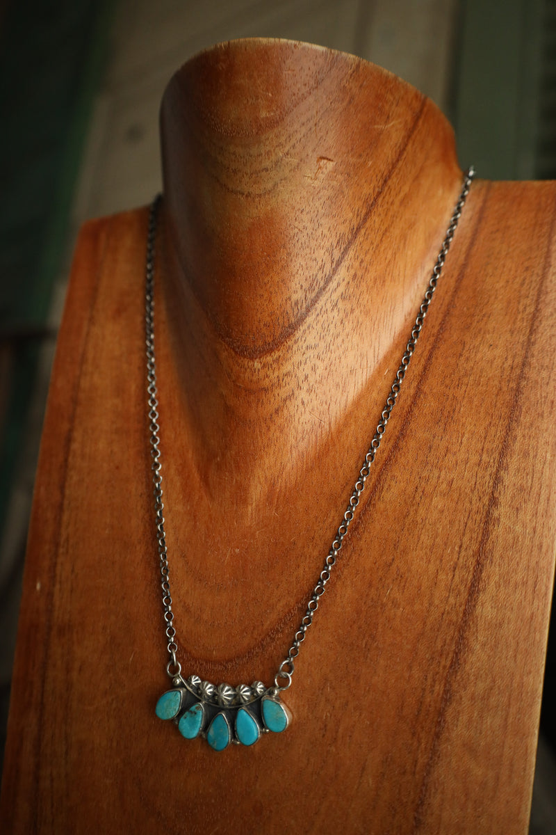 5 Blue Turquoise Teardrops Starbursts Necklace 