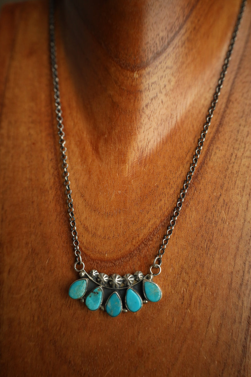 5 Blue Turquoise Teardrops Starbursts Necklace 