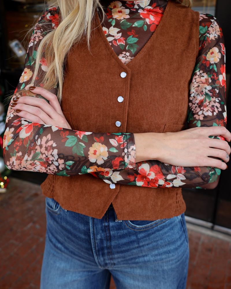 TURQUOISE HAVEN FALL FLORAL MESH TOP