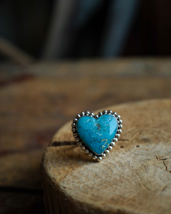 Kingman Turquoise Sterling Silver Dots Heart Ring- Size 10