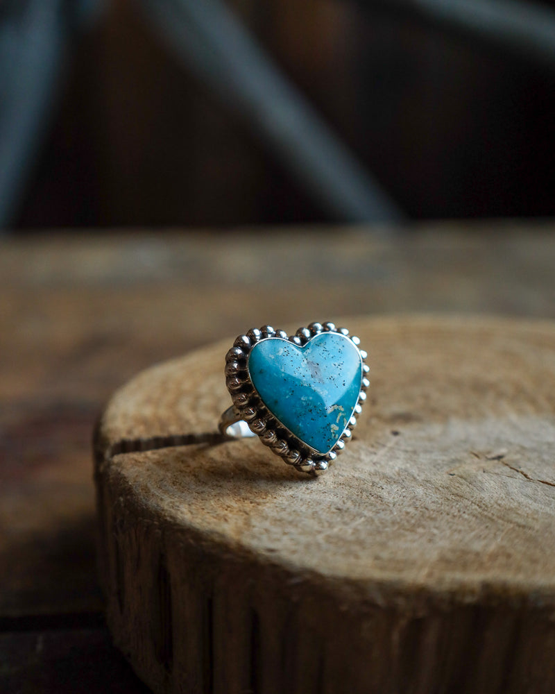 Kingman Turquoise Sterling Silver Dots Heart Ring- Size 10