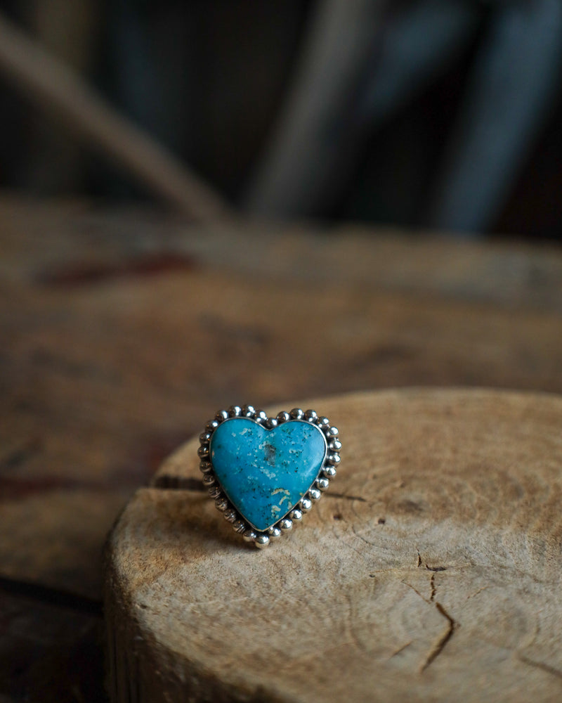 Kingman Turquoise Sterling Silver Dots Heart Ring- Size 10