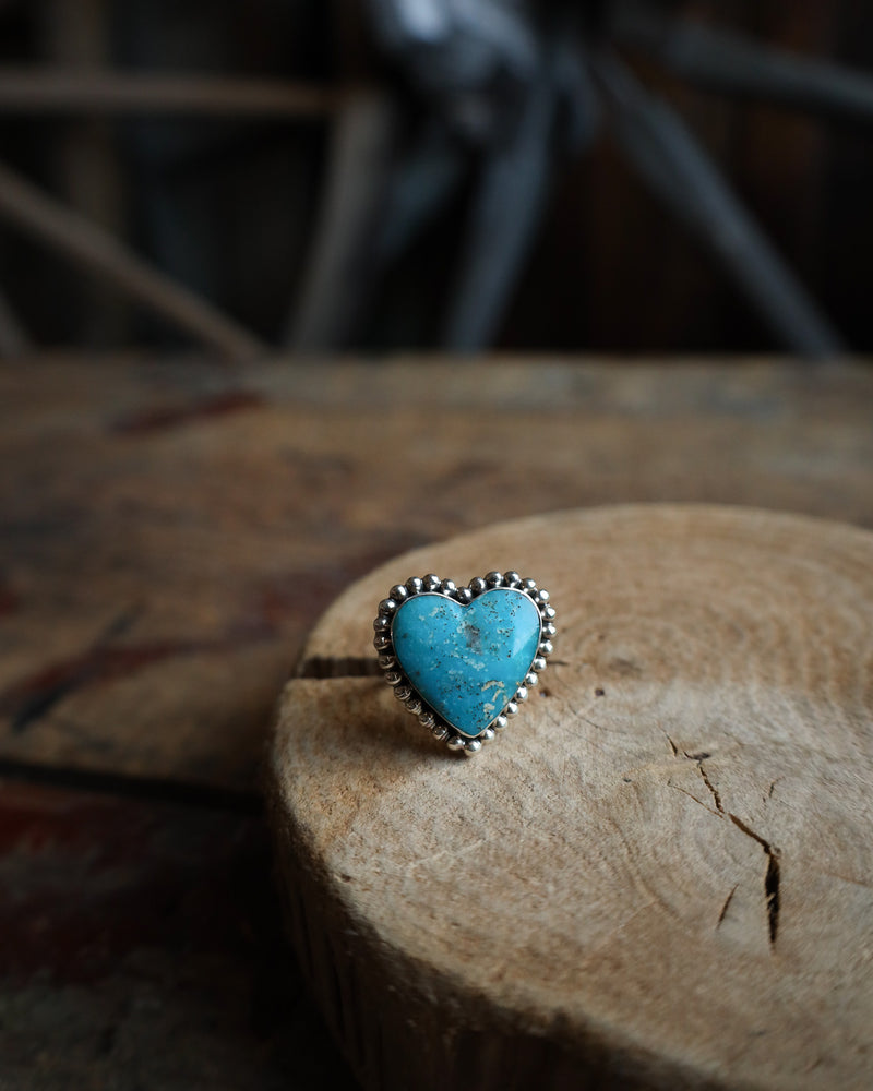 Kingman Turquoise Sterling Silver Dots Heart Ring- Size 10