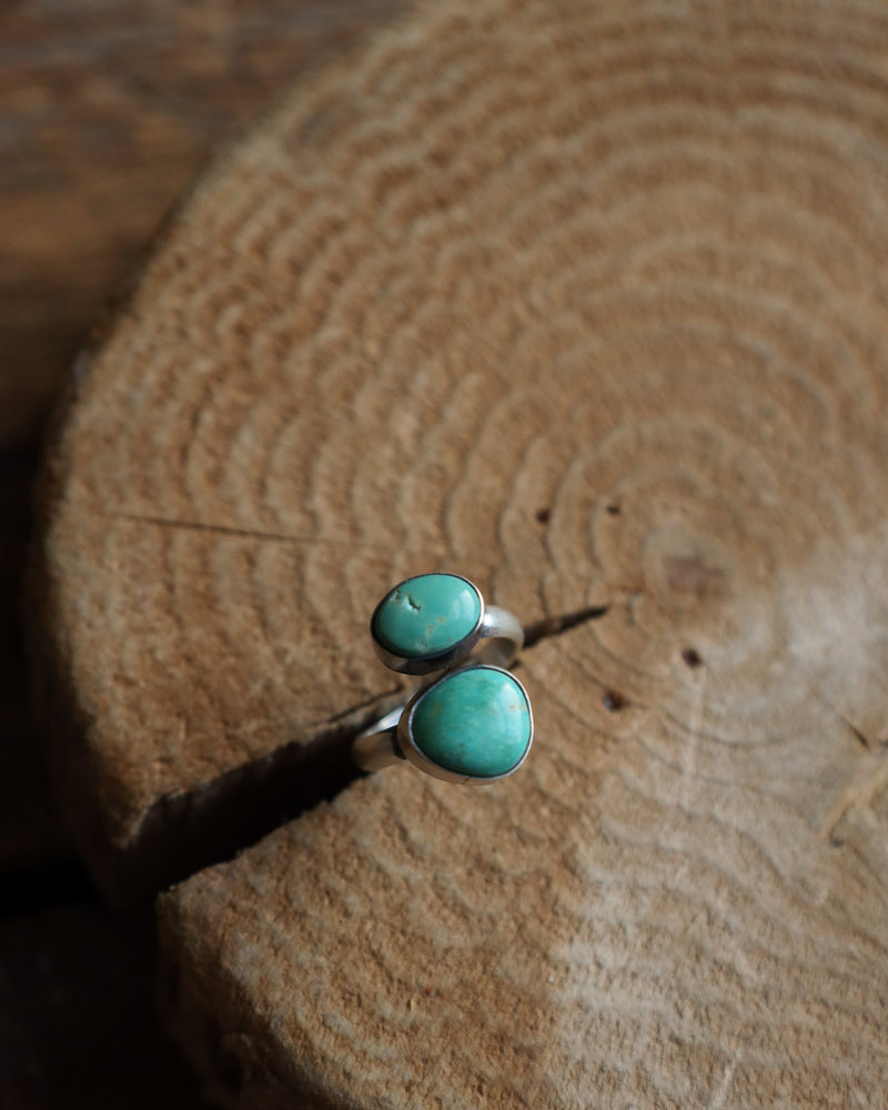 2 Green Kingman Turquoise Stones Open Ring- Adjustable 