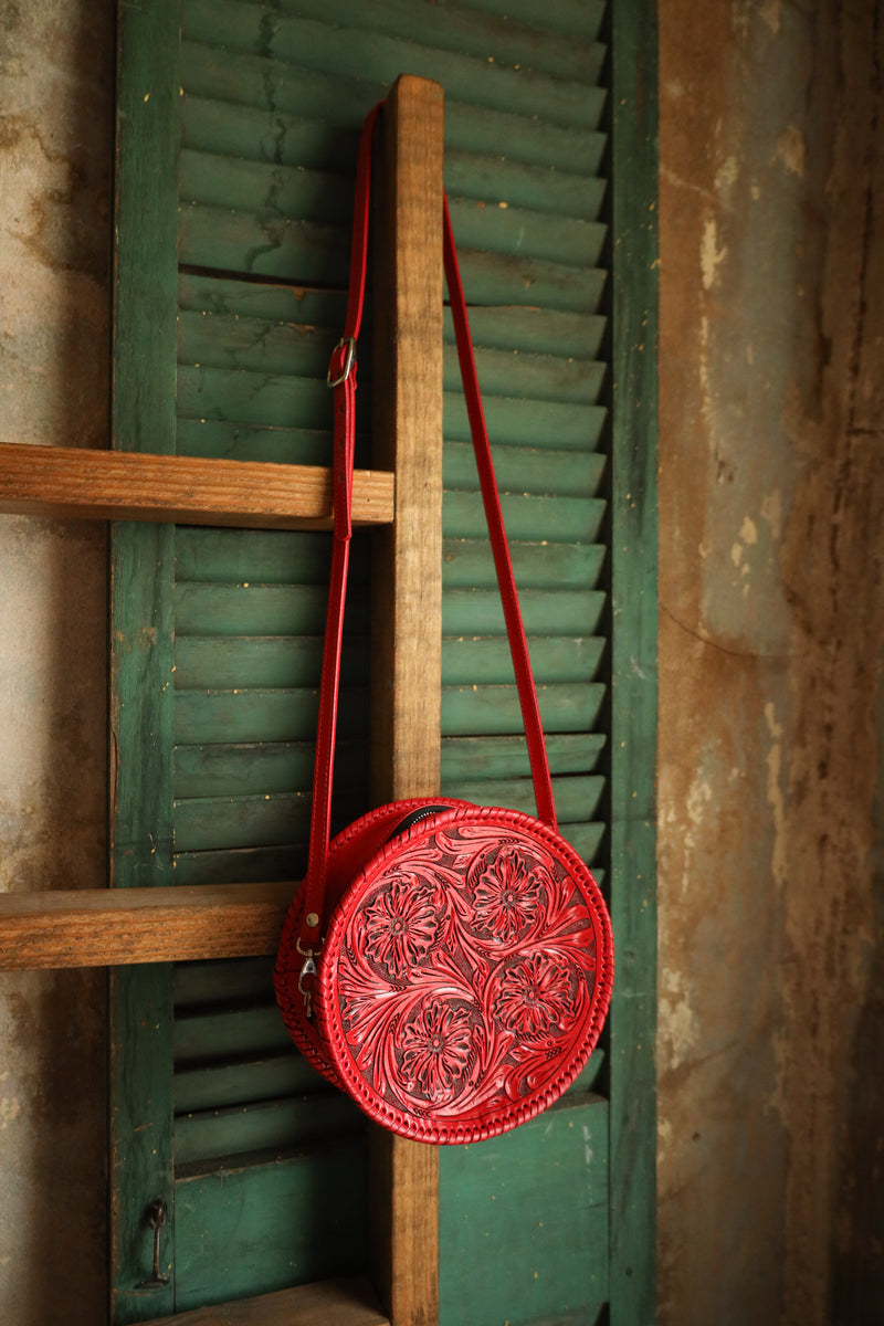 Round red tooled leather purse