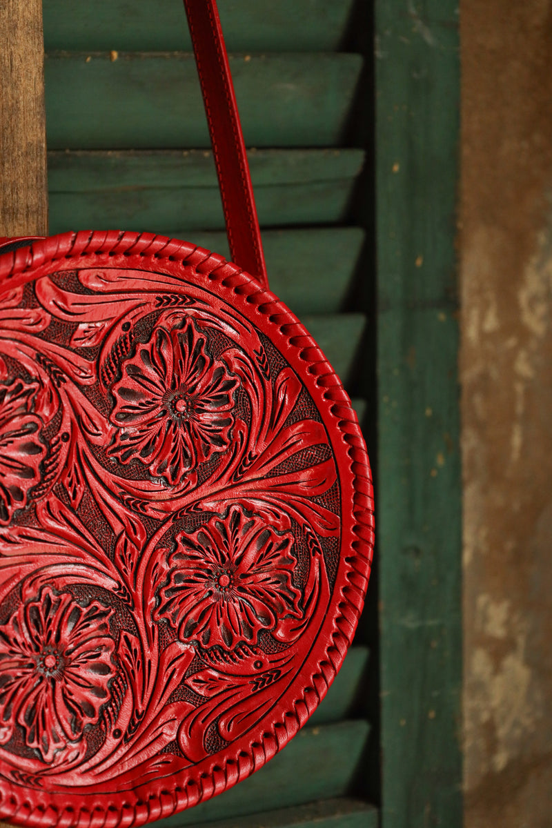 Round red tooled leather purse