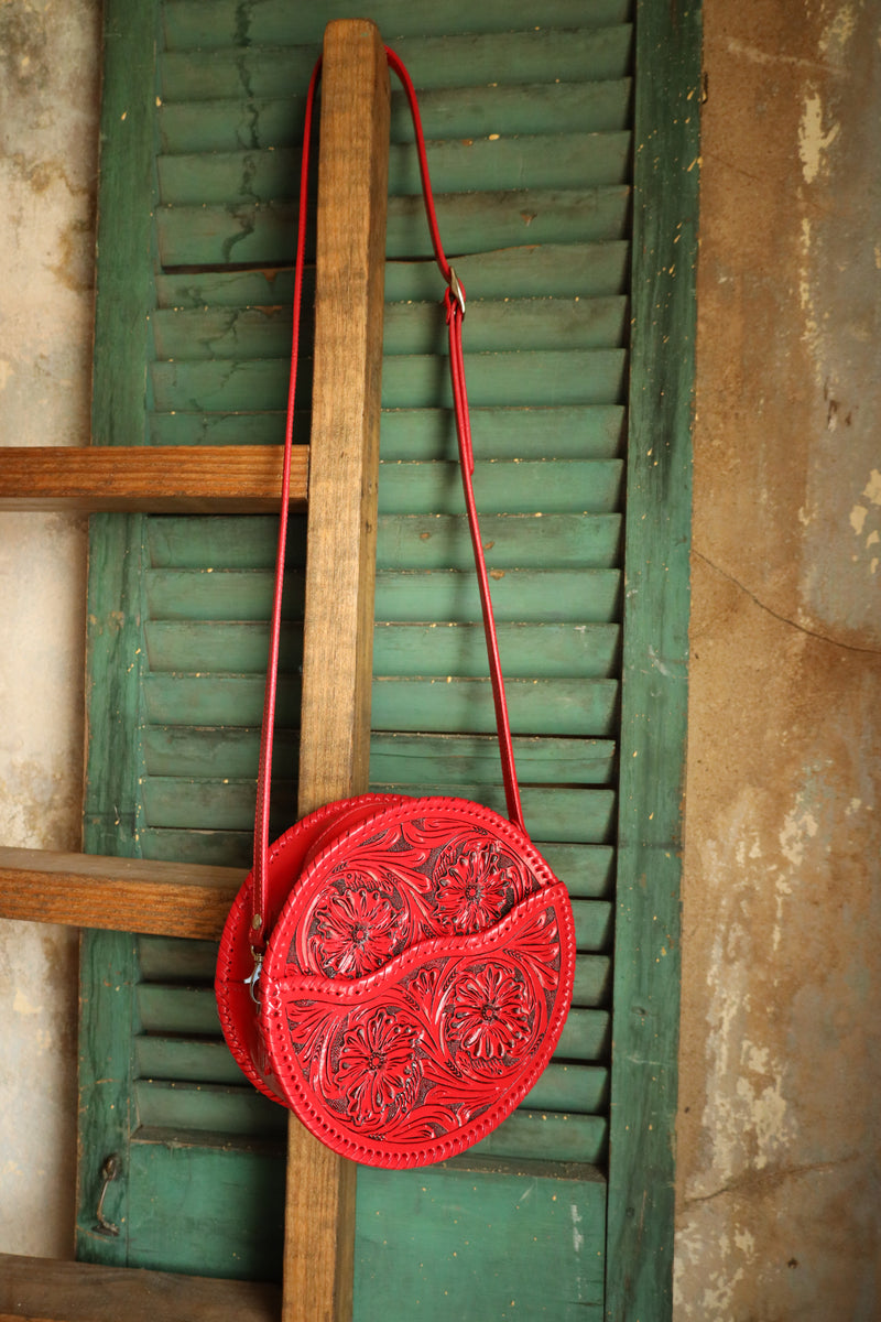 Round red tooled leather purse