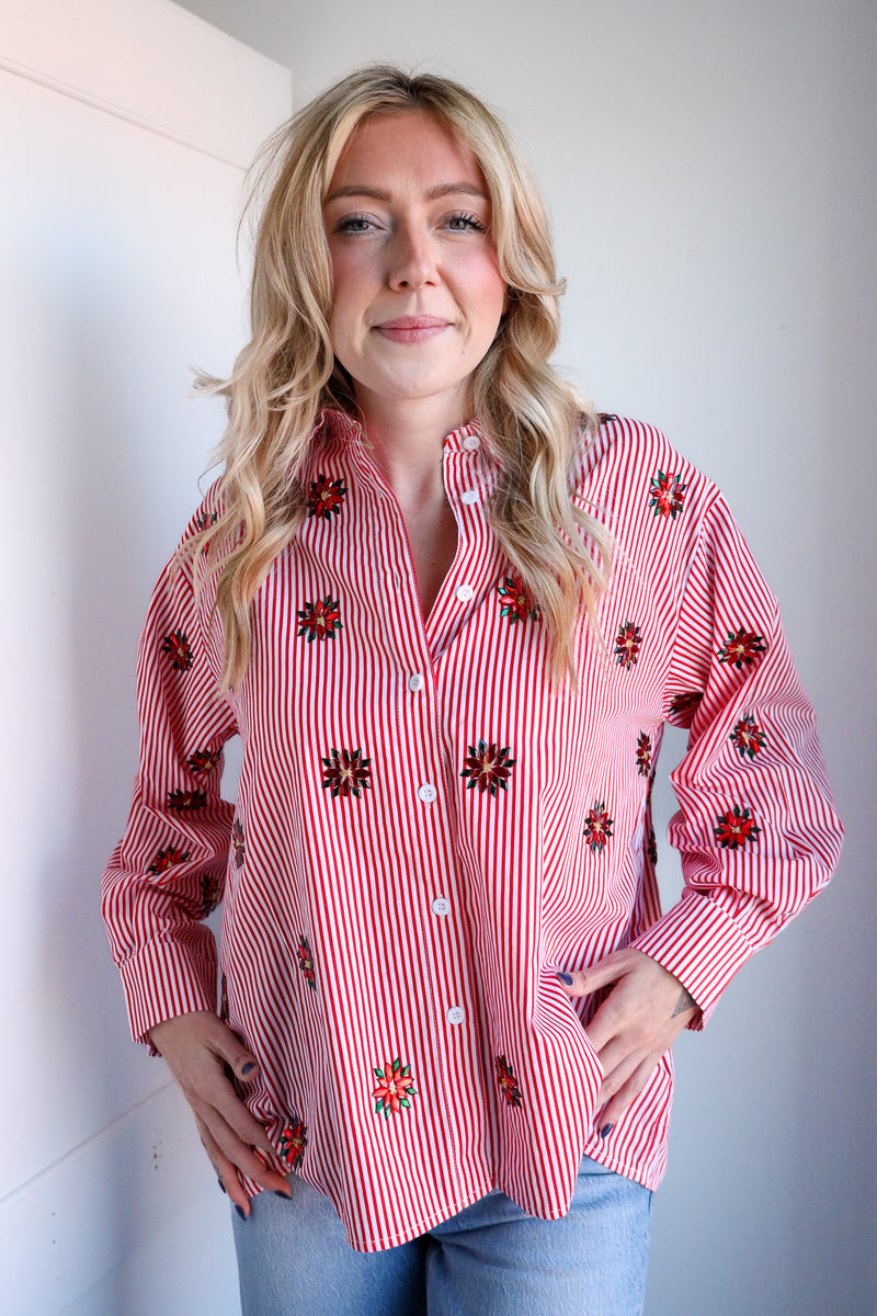 Queen Of Sparkles Red & White Striped Scattered Jeweled Poinsettia Button Up Collar Top