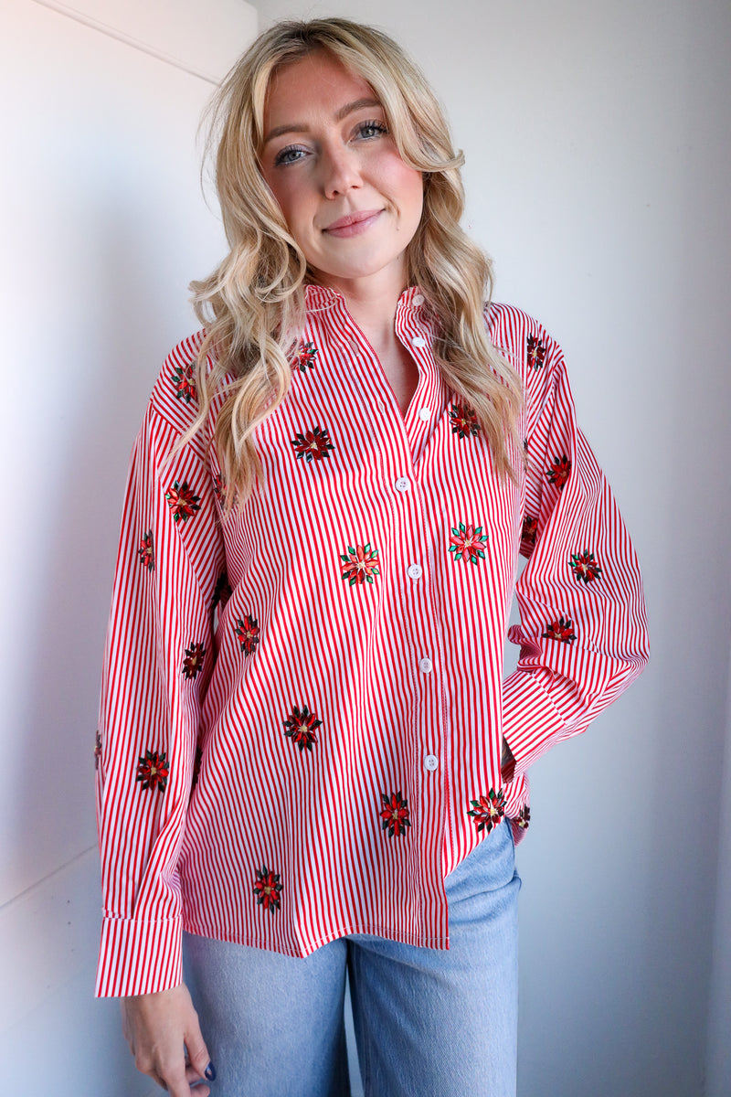 Queen Of Sparkles Red & White Striped Scattered Jeweled Poinsettia Button Up Collar Top