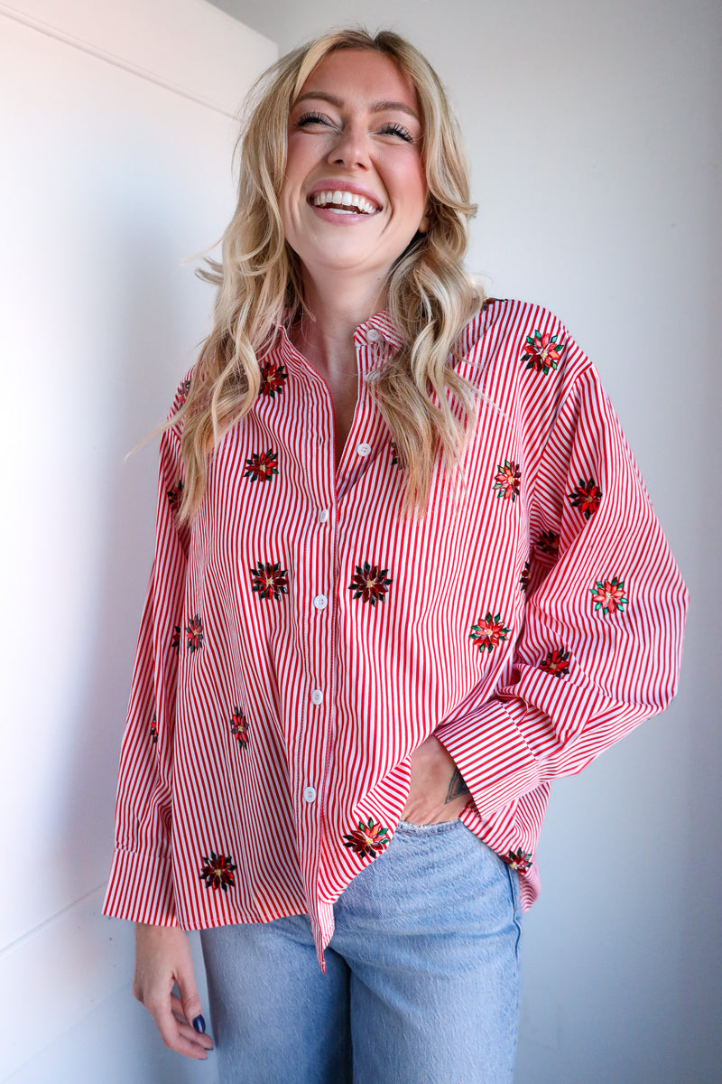 Queen Of Sparkles Red & White Striped Scattered Jeweled Poinsettia Button Up Collar Top