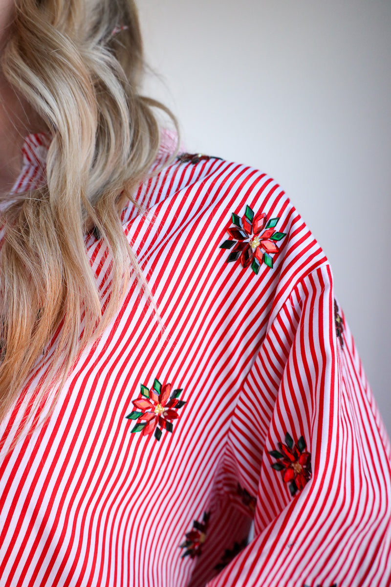 Queen Of Sparkles Red & White Striped Scattered Jeweled Poinsettia Button Up Collar Top