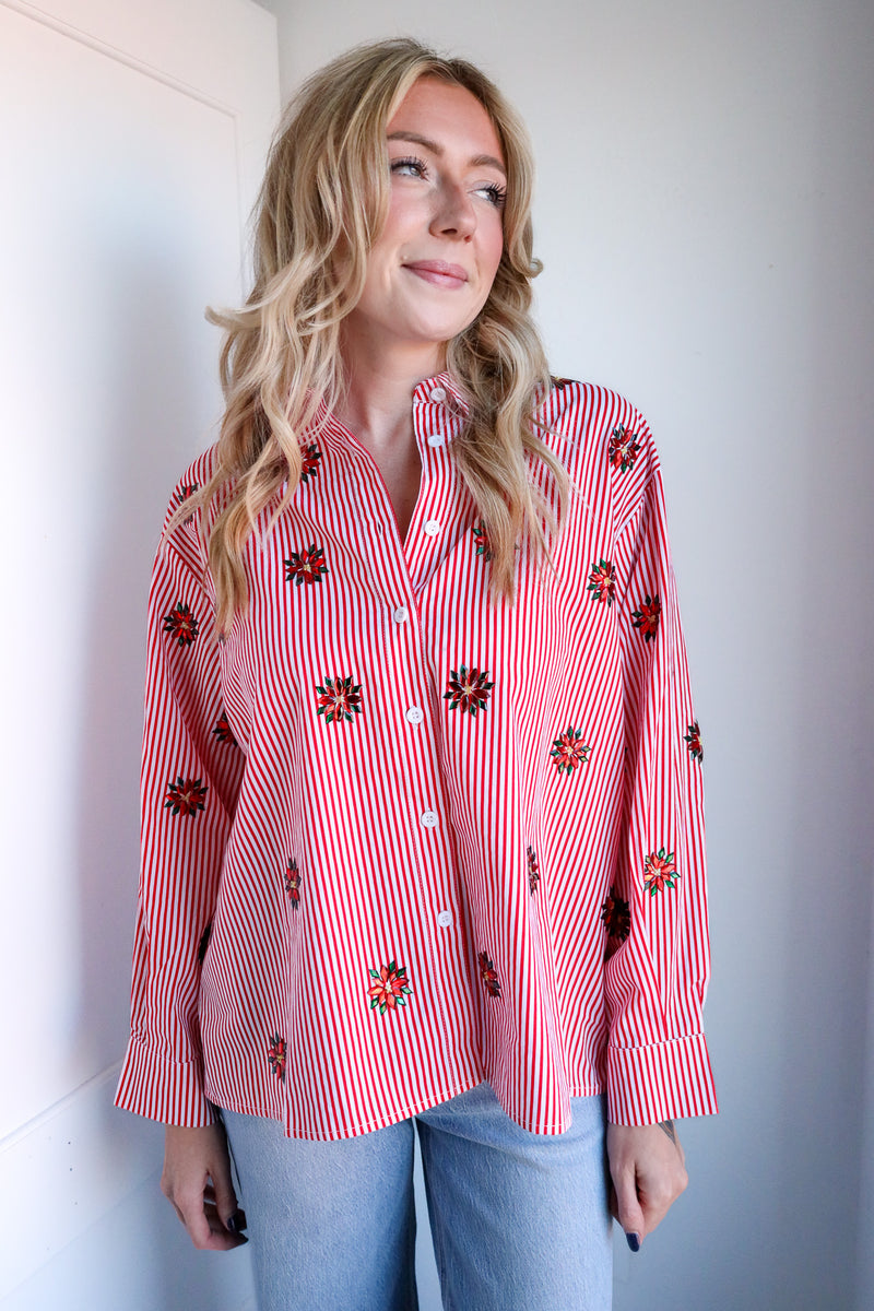 Queen Of Sparkles Red & White Striped Scattered Jeweled Poinsettia Button Up Collar Top