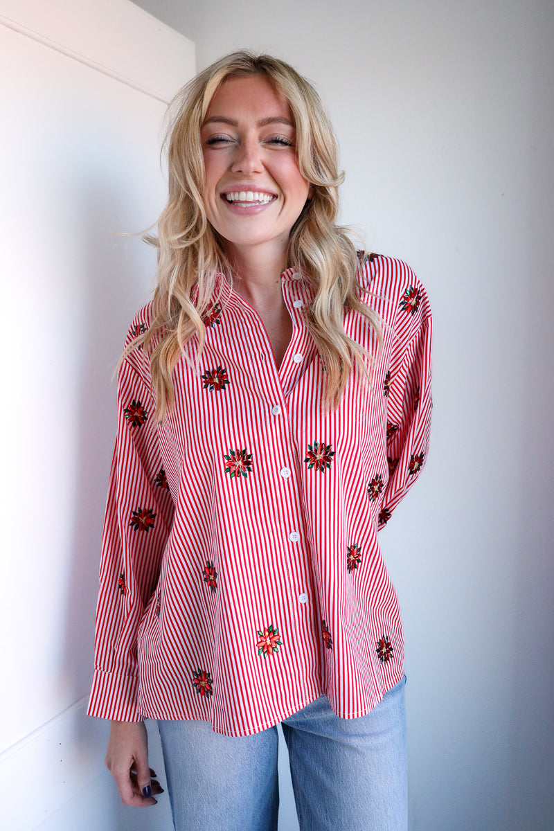 Queen Of Sparkles Red & White Striped Scattered Jeweled Poinsettia Button Up Collar Top