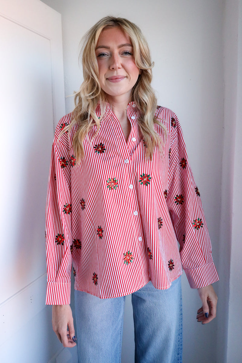 Queen Of Sparkles Red & White Striped Scattered Jeweled Poinsettia Button Up Collar Top