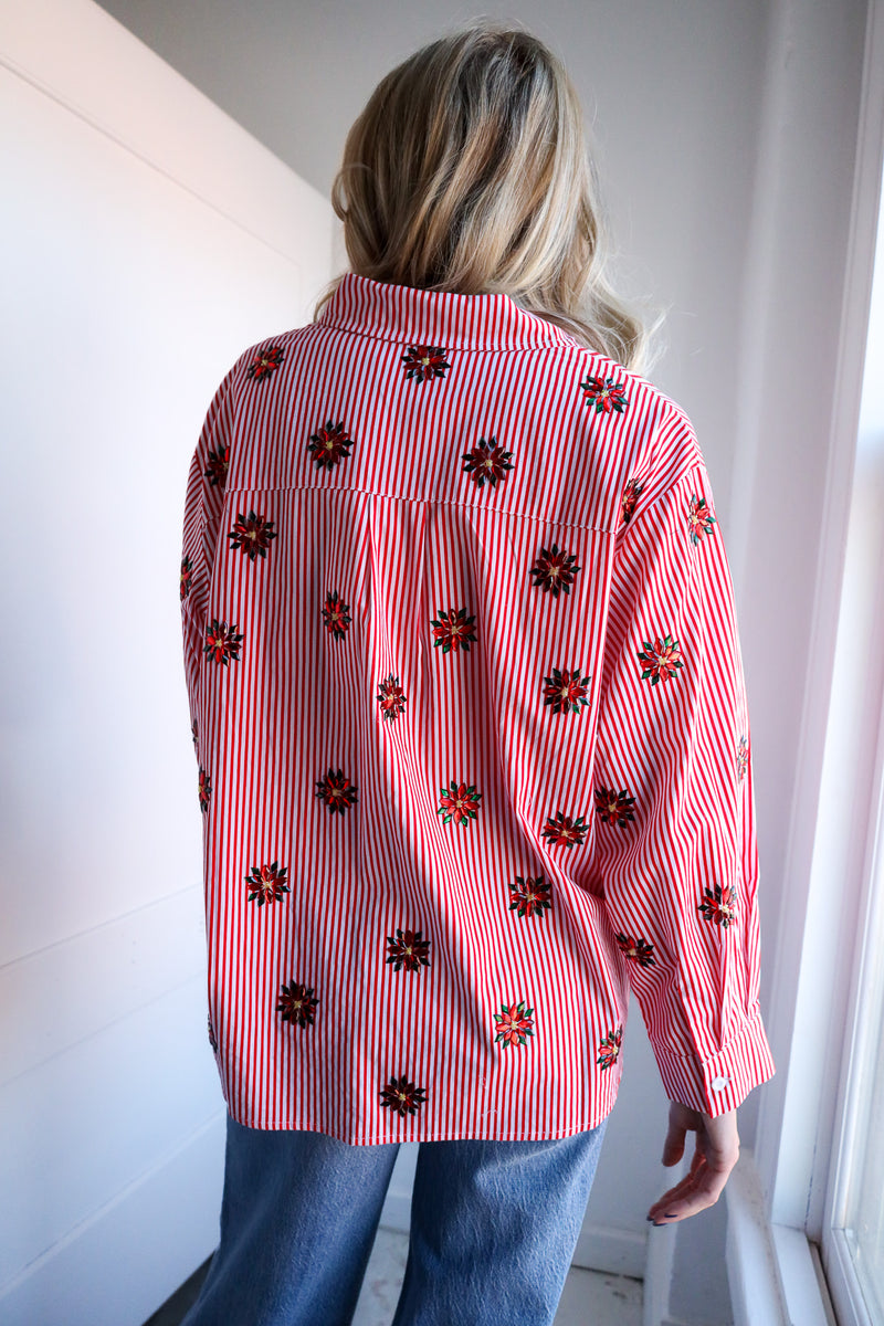 Queen Of Sparkles Red & White Striped Scattered Jeweled Poinsettia Button Up Collar Top