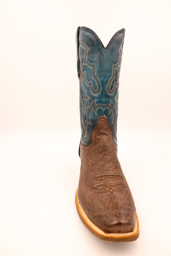 Brown ostrich foot with navy full grain leather shaft men's cowboy boot