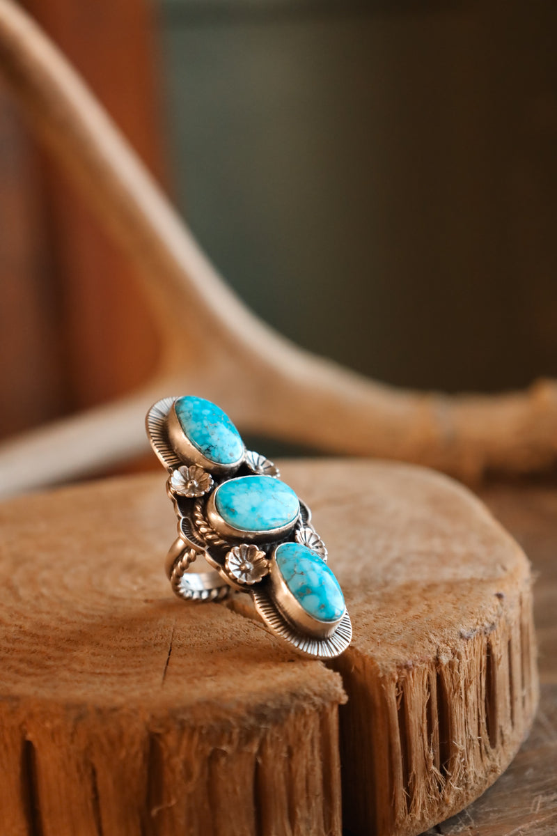 Turquoise Long 3 Stones Ring- Adjustable