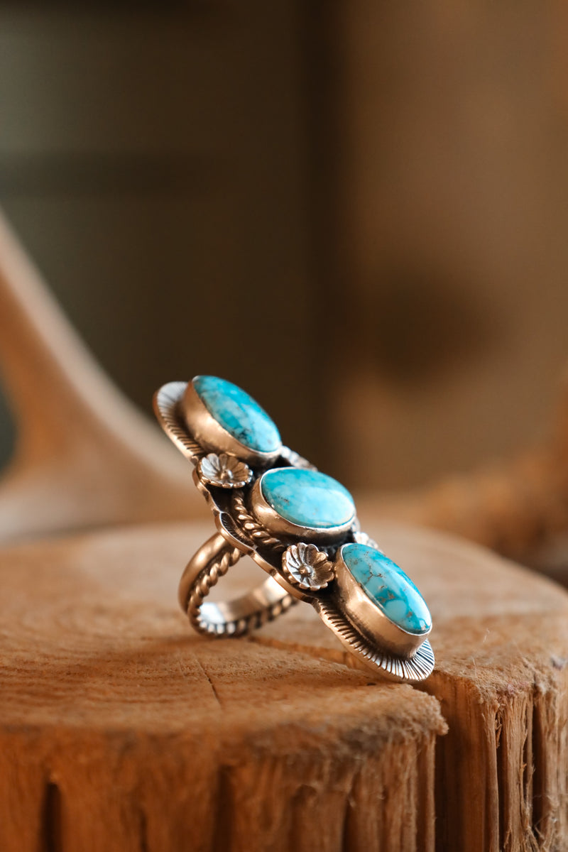 Turquoise Long 3 Stones Ring- Adjustable