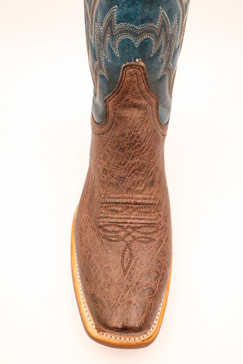 Brown ostrich foot with navy full grain leather shaft men's cowboy boot