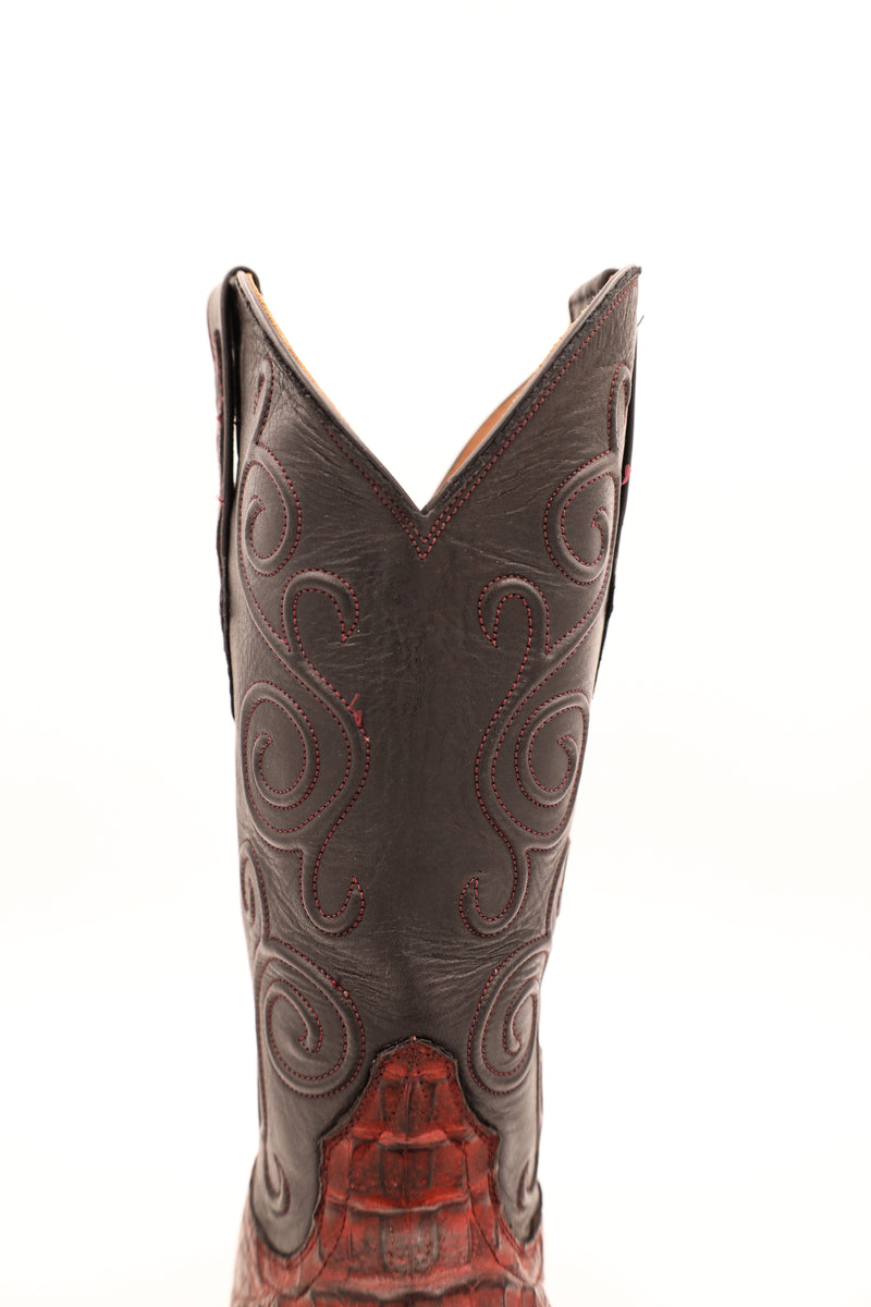 Black cherry caiman boots with leather shaft and cording