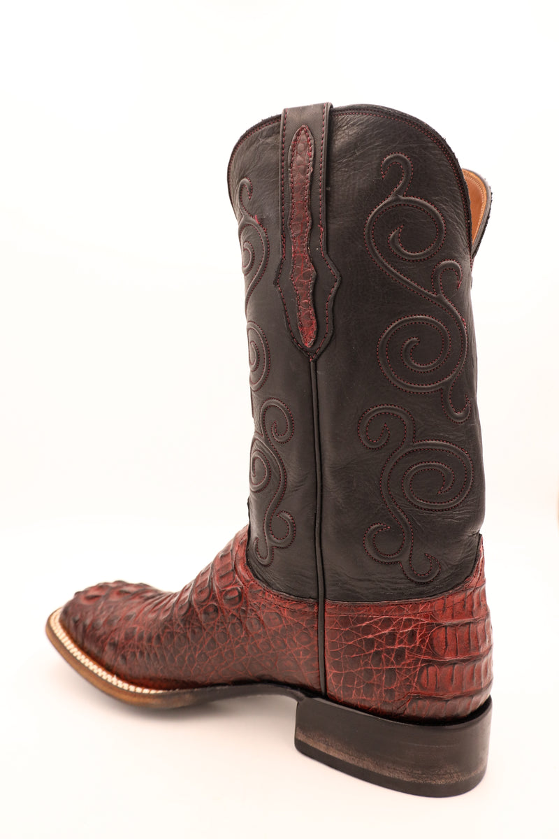 Black cherry caiman boots with leather shaft and cording