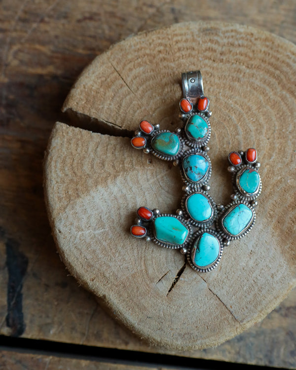 Dorjee Designs Cactus Turquoise And Red Corals Pendant 