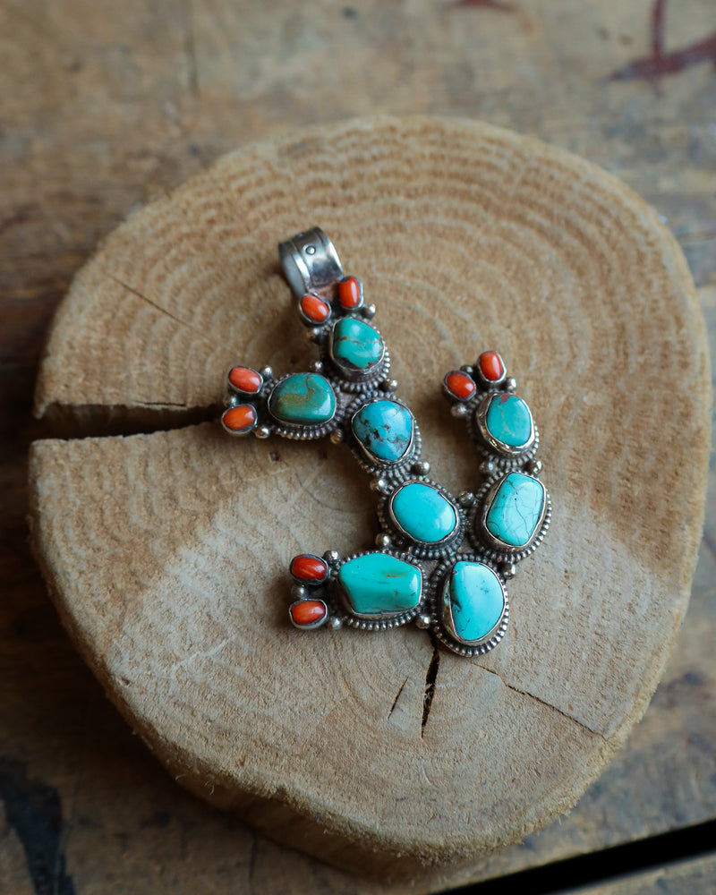 Dorjee Designs Cactus Turquoise And Red Corals Pendant 