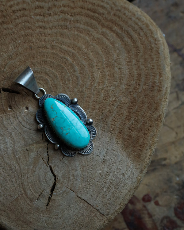 Oval Kingman Turquoise 2 Sterling Silver Dots Pendant 