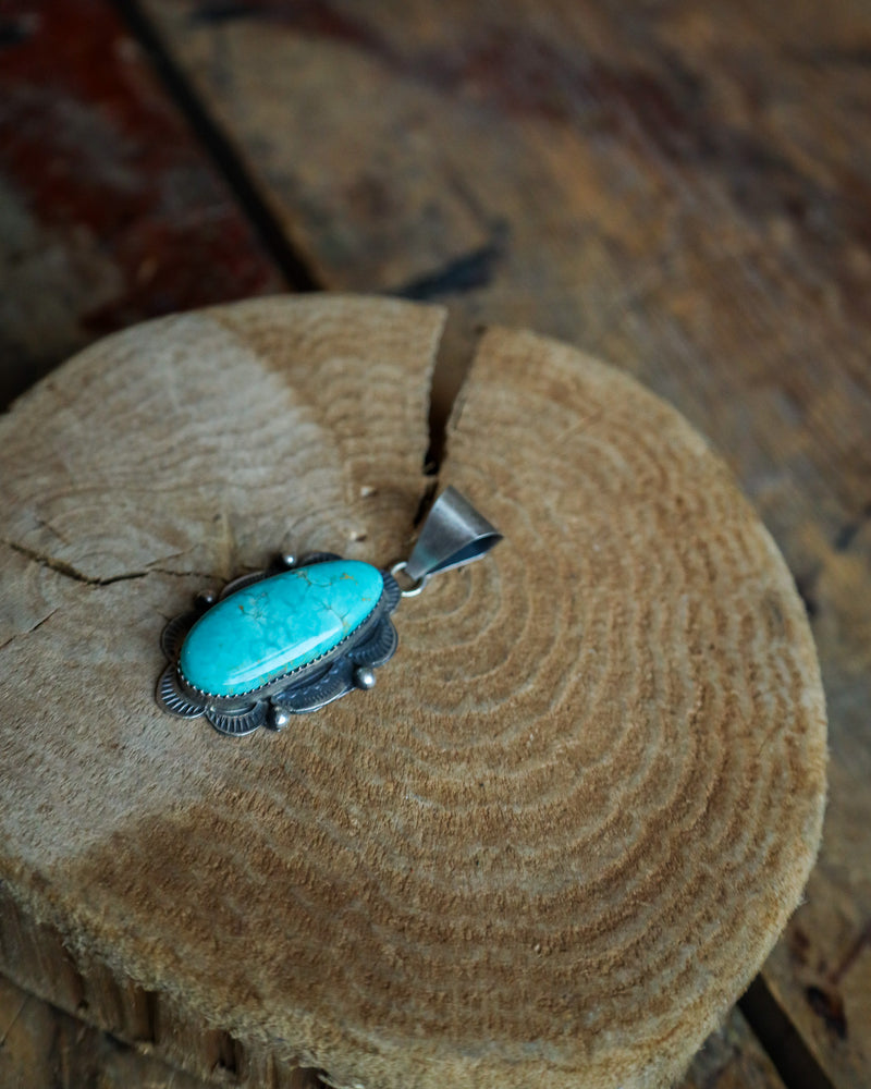 Oval Kingman Turquoise 2 Sterling Silver Dots Pendant 