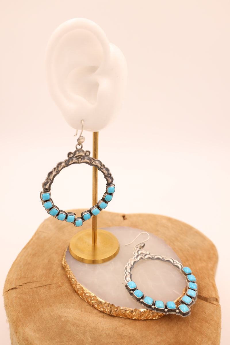 Sterling silver hoop earring with turquoise squares