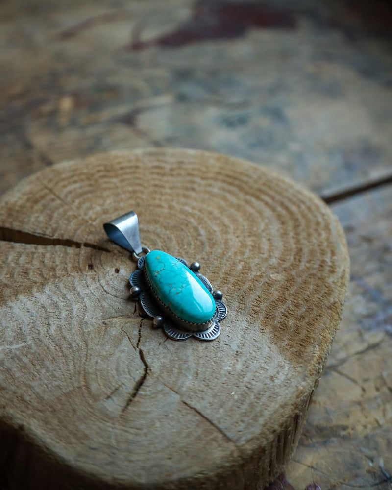 Oval Kingman Turquoise 2 Sterling Silver Dots Pendant 