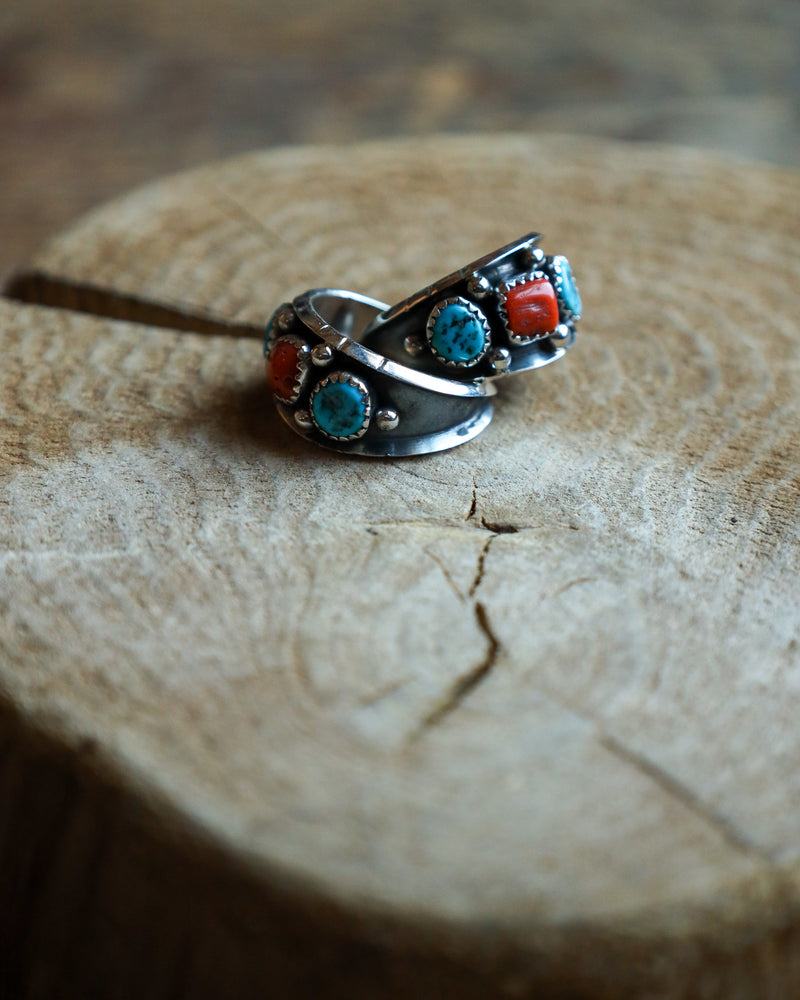 Turquoise and Red Coral Nuggets Hoop Earring