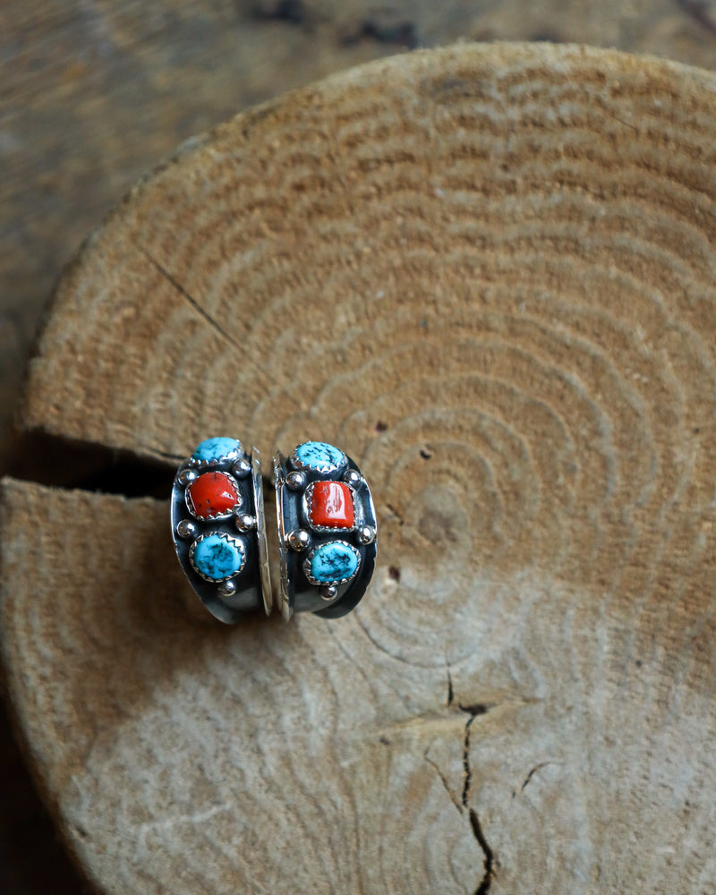 Turquoise and Red Coral Nuggets Hoop Earring