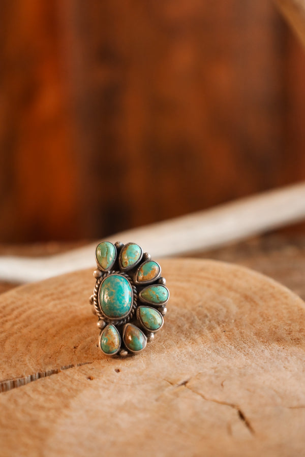 Green Turquoise Half Flower Ring- Adjustable