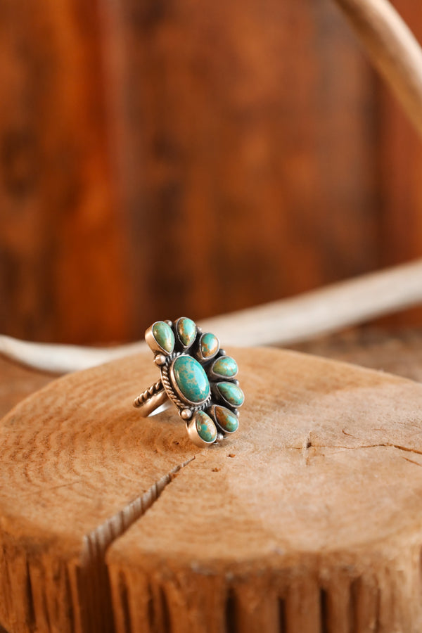 Green Turquoise Half Flower Ring- Adjustable