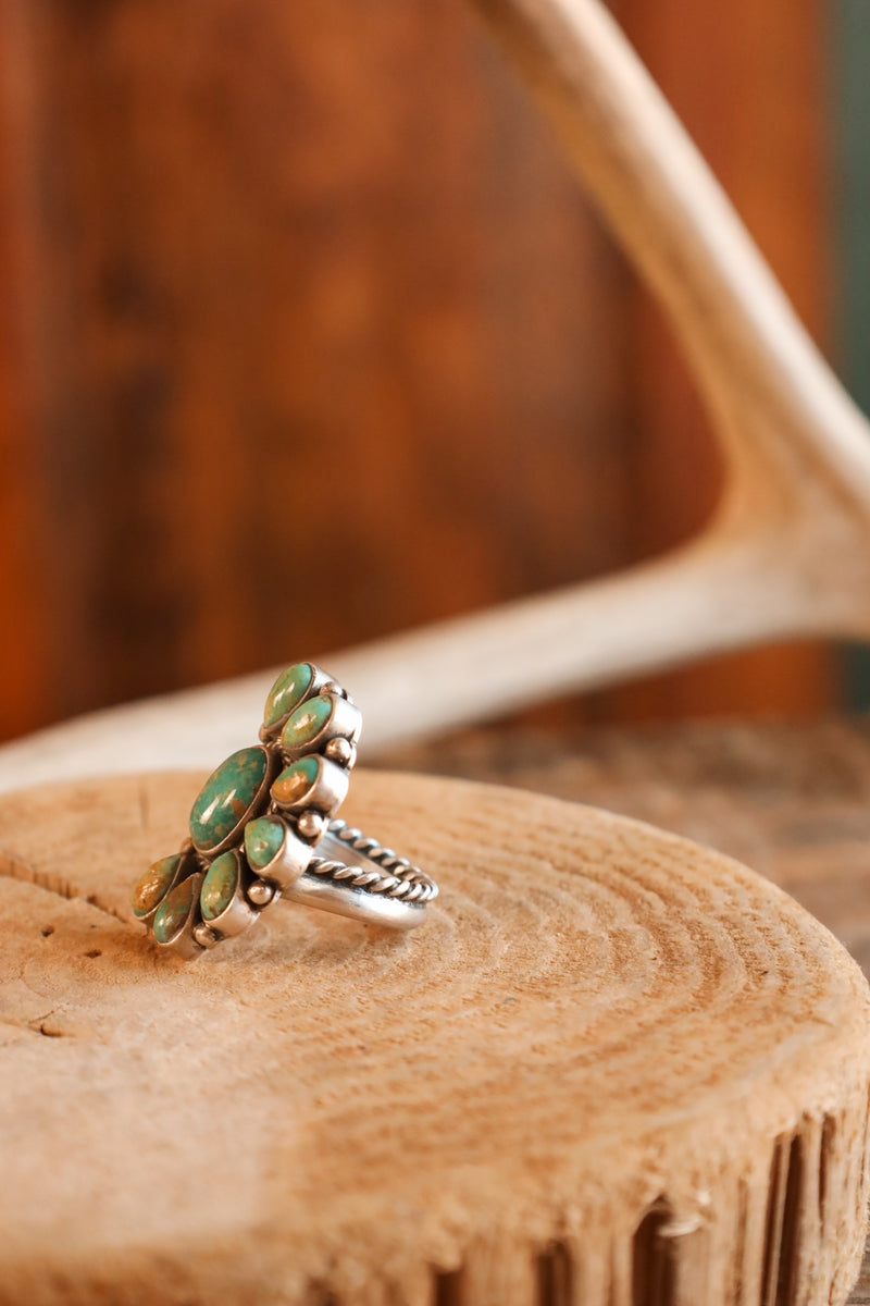 Green Turquoise Half Flower Ring- Adjustable