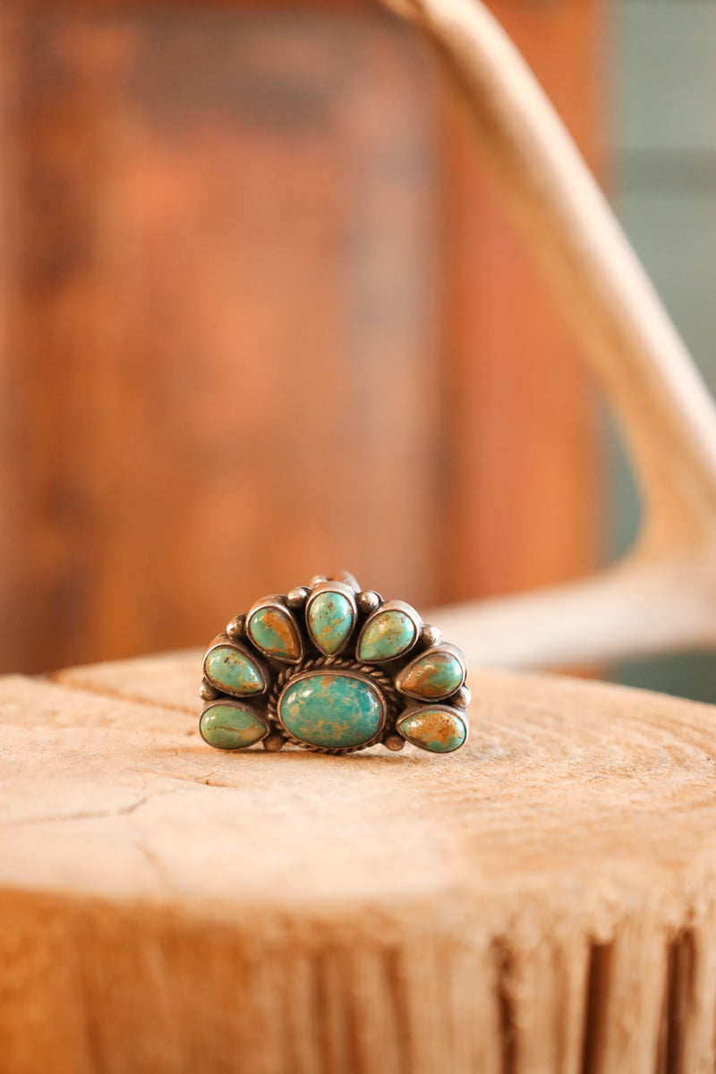 Green Turquoise Half Flower Ring- Adjustable