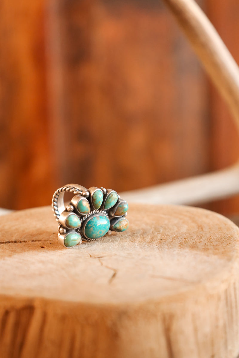 Green Turquoise Half Flower Ring- Adjustable