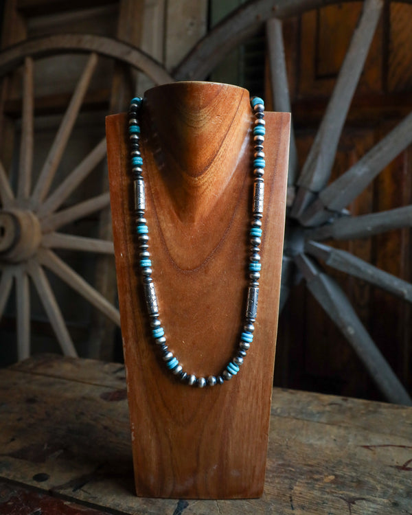 28" Sterling Silver Mix And Kingman Turquoise Beads Necklace