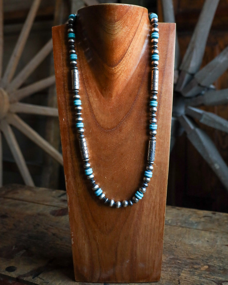 28" Sterling Silver Mix And Kingman Turquoise Beads Necklace