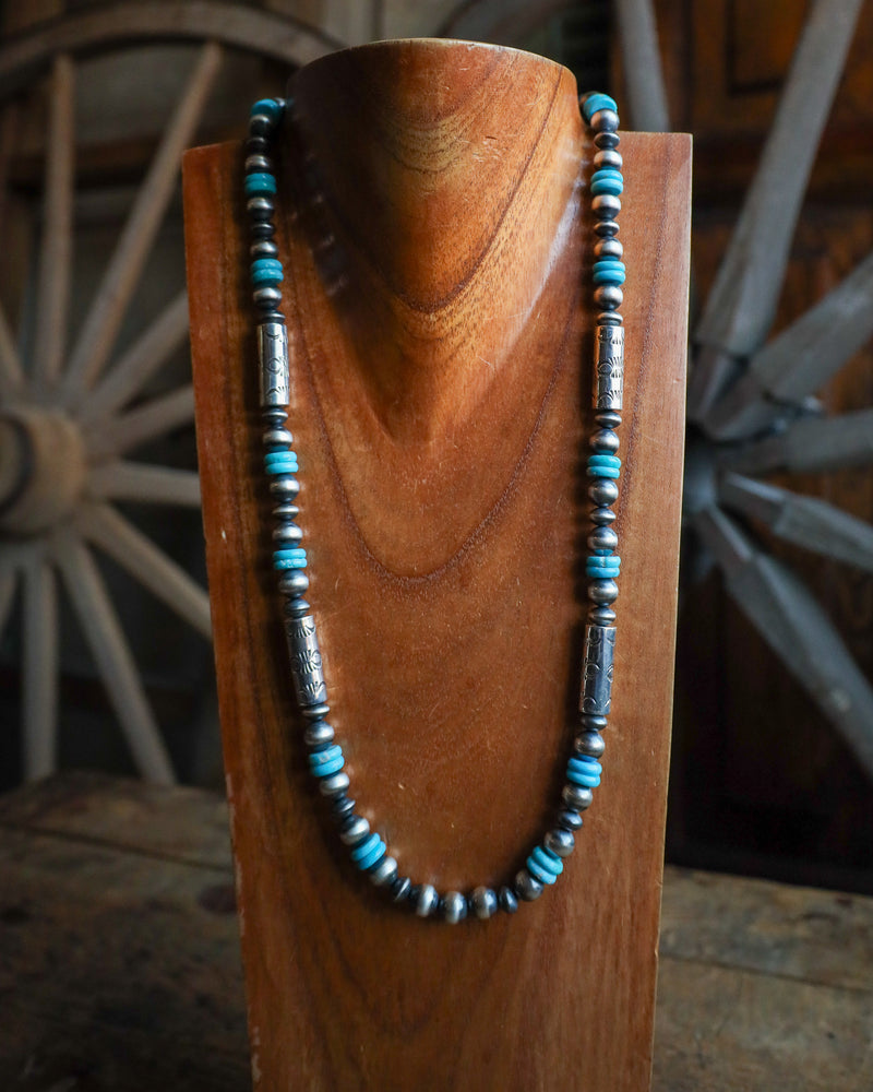 28" Sterling Silver Mix And Kingman Turquoise Beads Necklace